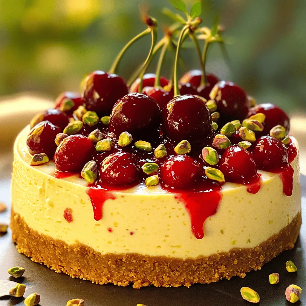 To make this tasty cheesecake, you need some key items. Here’s the list: - 1 ½ cups crushed graham crackers - ½ cup unsalted butter, melted - 1 tablespoon sugar - 16 oz cream cheese, softened - ¾ cup granulated sugar - 1 teaspoon vanilla extract - 2 large eggs - 1 cup sour cream - 1 cup fresh cherries, pitted and halved - ½ cup pistachios, chopped (reserve some for garnish) - 2 tablespoons cherry jam