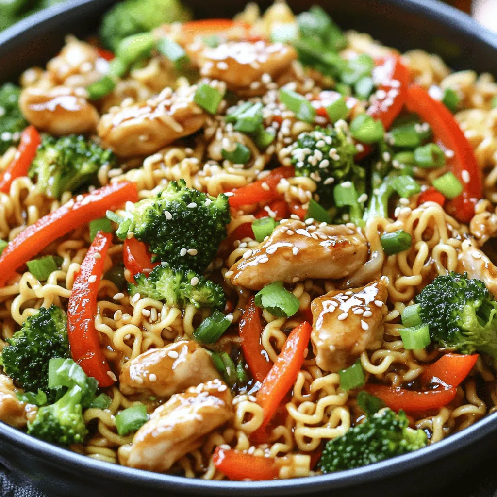The right ingredients make a great chicken ramen stir fry recipe. For this dish, you need fresh chicken, ramen noodles, and a mix of colorful veggies. I prefer boneless, skinless chicken breasts. They cook fast and stay tender. You can cut them into thin slices for even cooking.