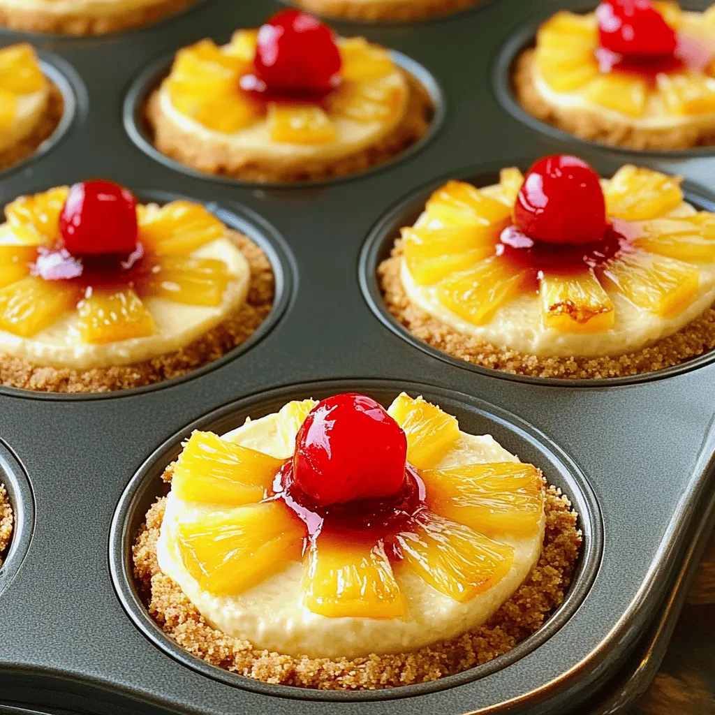 - 1 cup graham cracker crumbs - 1/4 cup unsalted butter, melted - 1/2 cup sugar, divided - 8 oz cream cheese, softened - 1 cup sour cream - 1 teaspoon vanilla extract - 2 large eggs - 1 can (8 oz) pineapple rings in juice, drained and chopped - Maraschino cherries for garnish