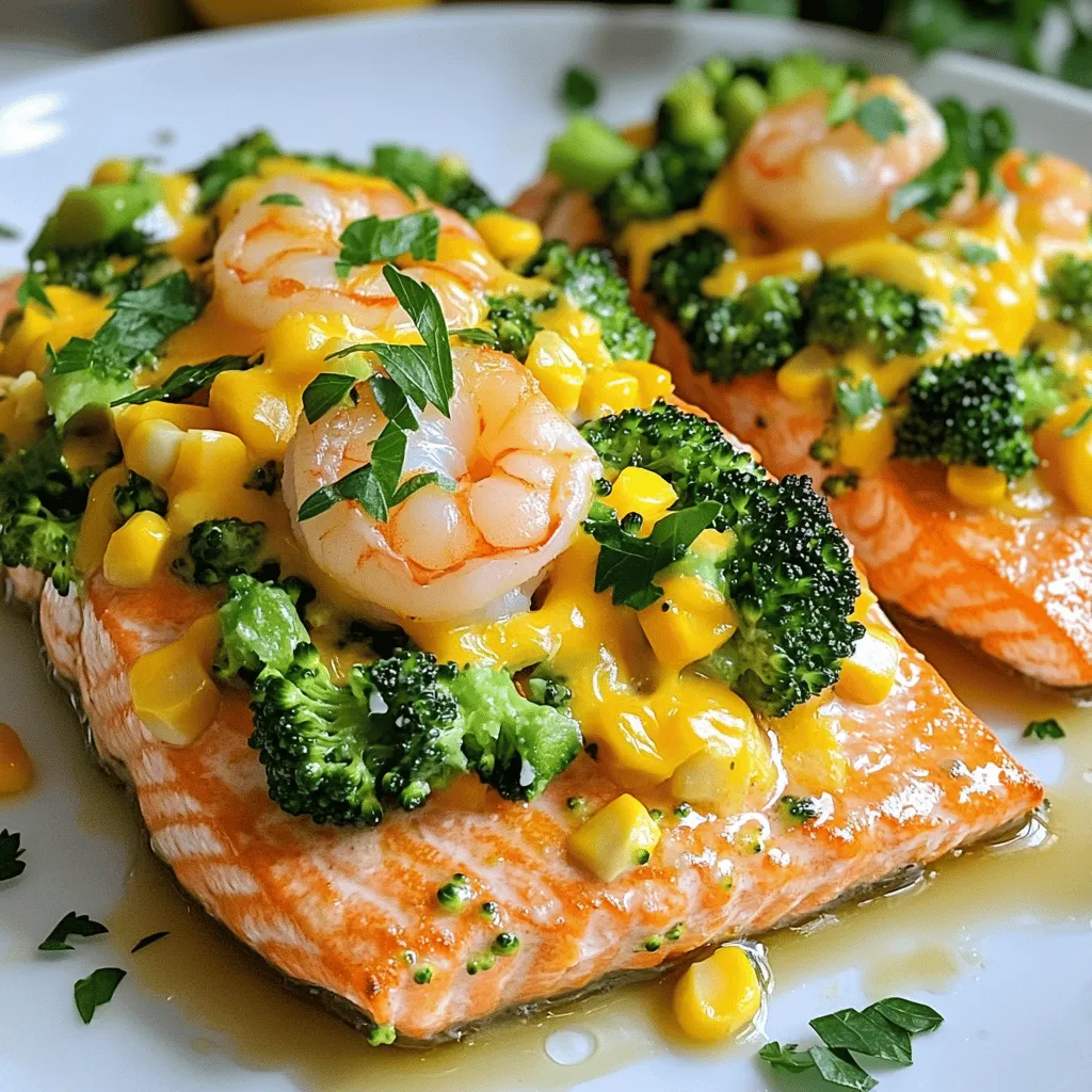 Salmon, Shrimp, Cheesy Broccoli with Corn Delight