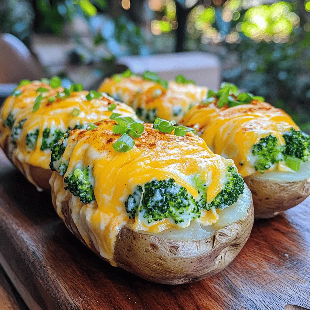 - 4 large russet potatoes - 2 cups fresh broccoli florets, chopped - 1 cup sharp cheddar cheese, shredded - 1/2 cup sour cream - 1/4 cup cream cheese, softened - 3 tablespoons butter - 2 green onions, finely sliced - Salt and pepper to taste - 1/2 teaspoon garlic powder - 1/2 teaspoon smoked paprika (optional) - Extra cheddar cheese for topping