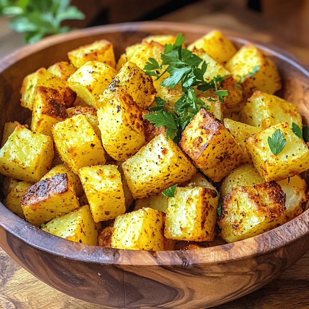 - 4 medium-sized Yukon Gold potatoes, diced into 1-inch cubes - 3 tablespoons olive oil - 1 teaspoon paprika - 1 teaspoon garlic powder - 1 teaspoon onion powder - 1/2 teaspoon dried thyme - 1/2 teaspoon salt - 1/4 teaspoon black pepper - Fresh parsley, chopped (for garnish)