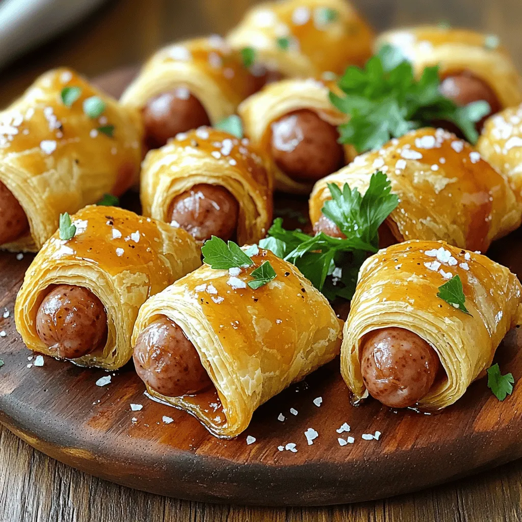 - 12 small sausages (cocktail or mini) - 1 sheet of puff pastry, thawed - 1/4 cup honey - 2 tablespoons Dijon mustard - 1 teaspoon smoked paprika - 1/2 teaspoon garlic powder - 1 egg, beaten (for egg wash) - Sea salt and cracked black pepper, to taste - Fresh parsley, chopped (for garnish)