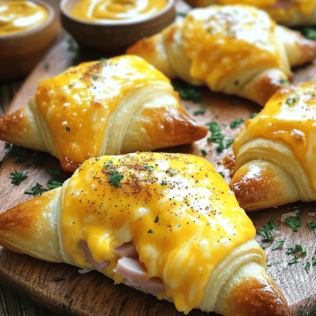- 1 can (8 oz) refrigerated crescent roll dough - 8 slices of deli ham - 8 slices of cheddar cheese (or any preferred cheese)