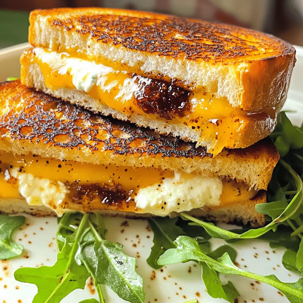 - 4 slices of sourdough bread - 2 tablespoons unsalted butter, softened - 1 cup sharp cheddar cheese, grated - 1 cup creamy goat cheese, crumbled - 1/2 cup fig jam - 2 tablespoons balsamic vinegar - Fresh arugula, for garnish - Salt and pepper to taste