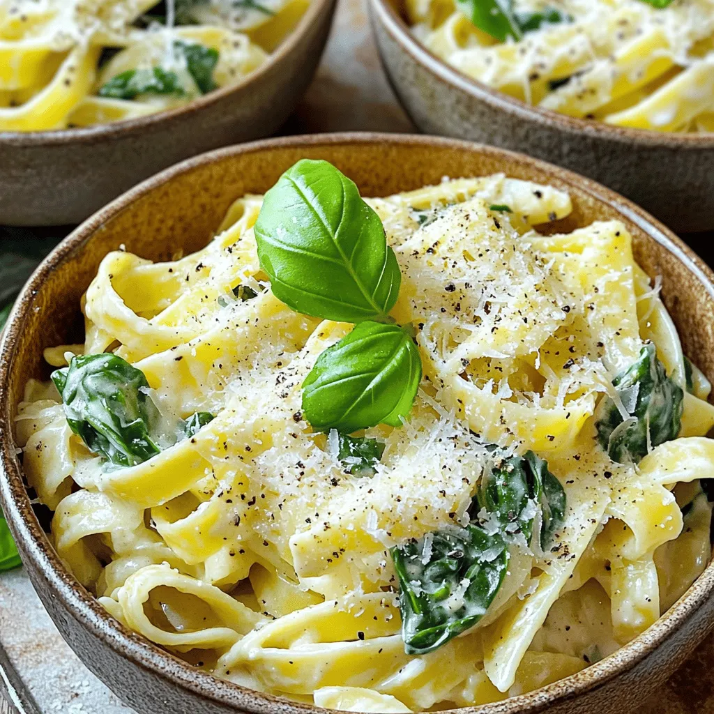- 300g pasta of your choice (fettucine or penne recommended) - 2 tablespoons olive oil - 4 cloves garlic, finely minced - 250g fresh spinach, washed and roughly chopped - 200ml heavy cream - 100g grated Parmesan cheese - 1 teaspoon lemon zest - Salt and pepper to taste - Pinch of nutmeg (optional) - Fresh basil leaves for garnish (optional)