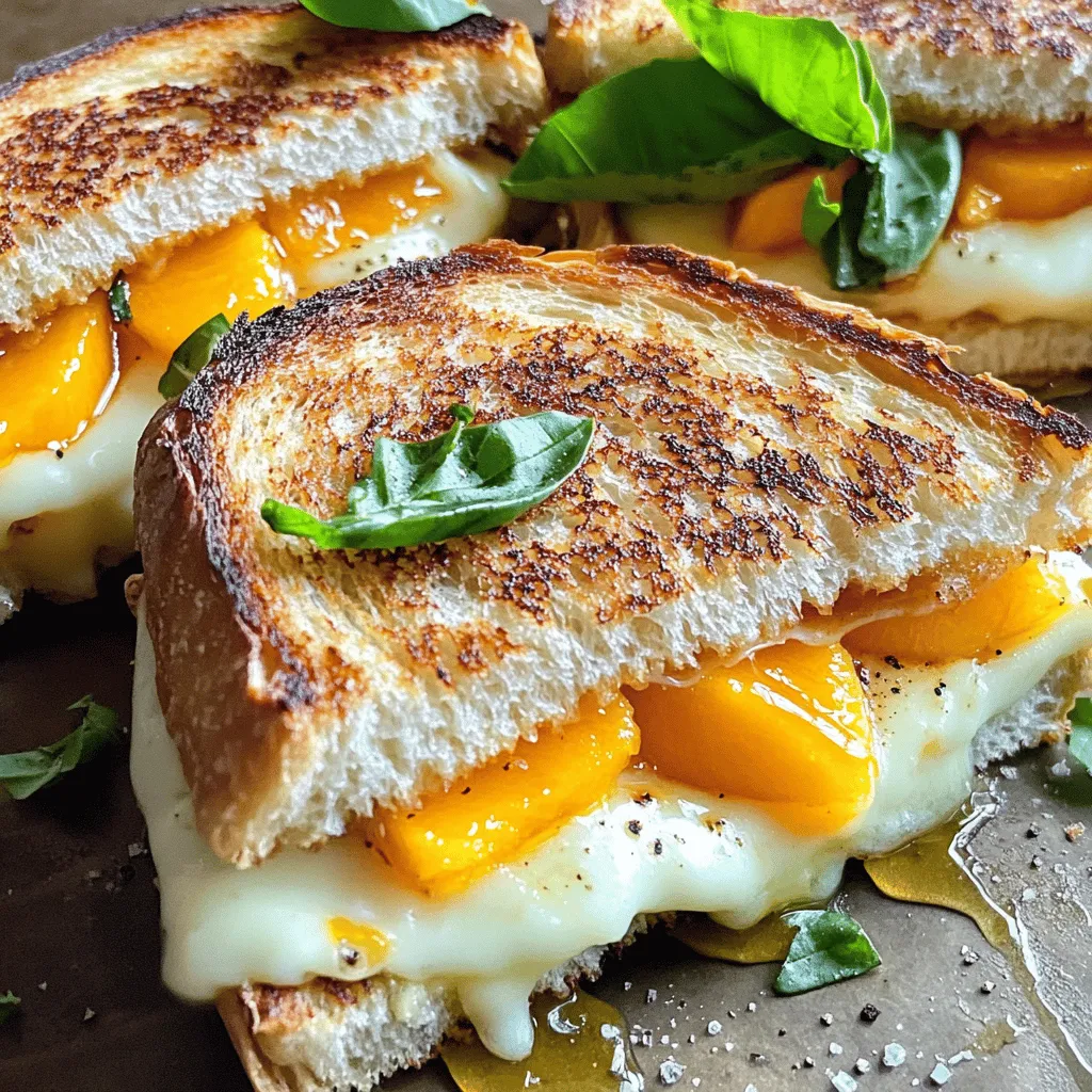 - 4 slices of rustic sourdough bread - 1 large ripe peach, sliced - 1 cup white cheddar cheese, shredded - 2 tablespoons honey - 2 tablespoons unsalted butter, softened - Fresh basil leaves (optional for garnish) - Salt and pepper to taste