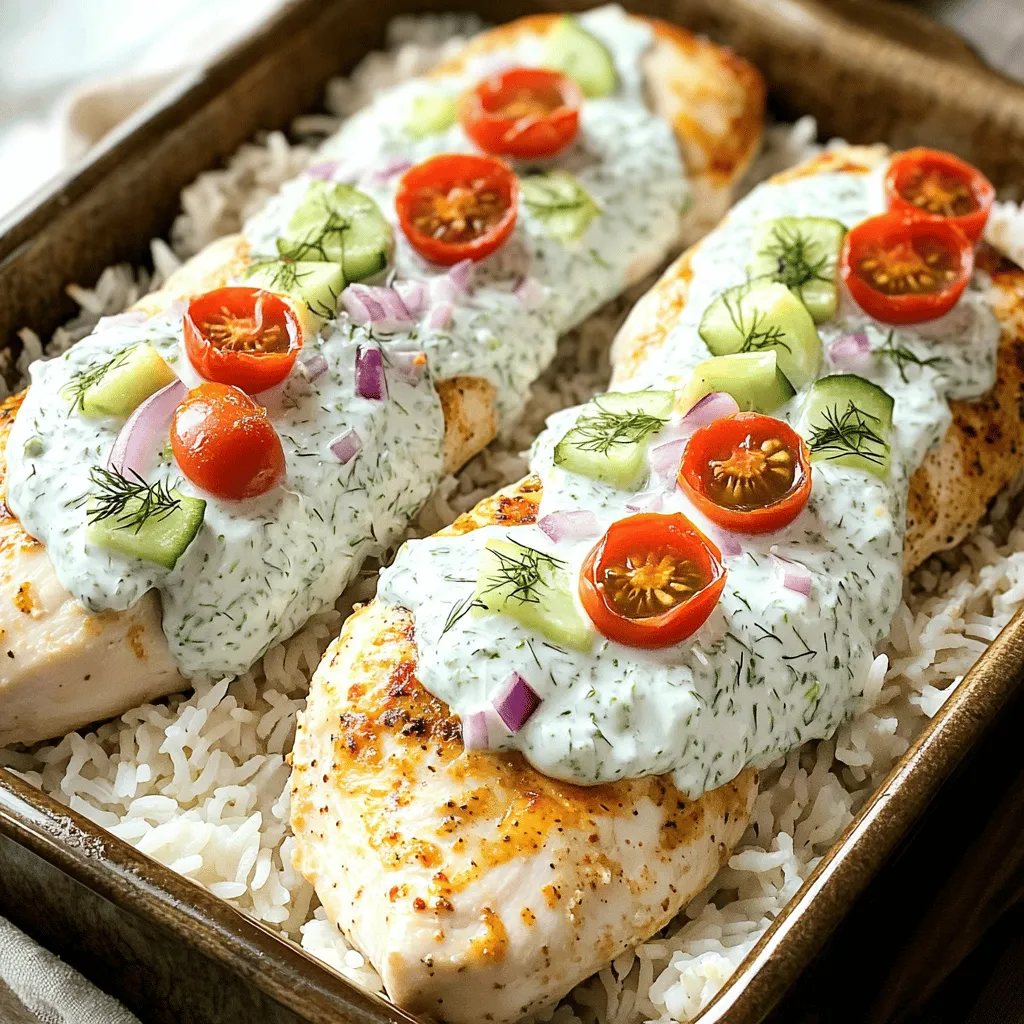 - 4 boneless, skinless chicken breasts - 1 cup basmati rice - 2 cups chicken broth - 1 medium cucumber, grated - 1 cup plain Greek yogurt - 2 tablespoons fresh dill, chopped - 2 cloves garlic, minced - 1 tablespoon lemon juice - 1 teaspoon salt - 1 teaspoon black pepper - 1 teaspoon paprika - 1 ½ cups cherry tomatoes, halved - ½ red onion, thinly sliced