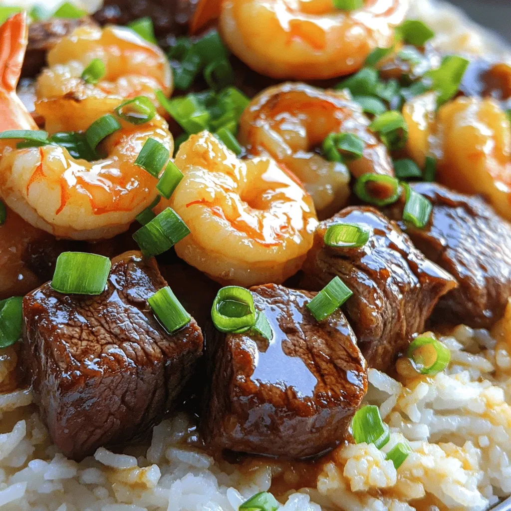 You need some simple yet flavorful ingredients. The first key ingredient is sirloin steak. Cut it into 1-inch cubes. This steak has great flavor and tenderness. You will also want large shrimp, about 8 ounces. Make sure they are peeled and deveined for easy cooking.