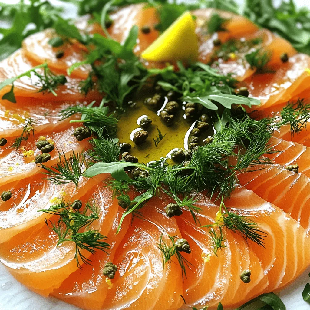To make a great smoked salmon carpaccio, you need simple, fresh ingredients. The main star is smoked salmon. Look for high-quality, thinly sliced smoked salmon. The best types are Nova, Scottish, or wild salmon. These types have rich flavors that shine in this dish.