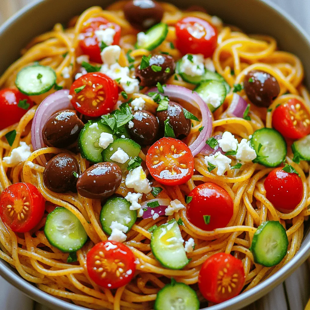 - 8 oz whole wheat spaghetti - 1 cup cherry tomatoes, halved - 1 cucumber, diced - 1/2 red onion, thinly sliced - 1/3 cup Kalamata olives, pitted and sliced - 1/2 cup feta cheese, crumbled - 1/4 cup fresh parsley, chopped - 2 tablespoons olive oil - 1 tablespoon red wine vinegar - 1 teaspoon dried oregano - Salt and pepper to taste