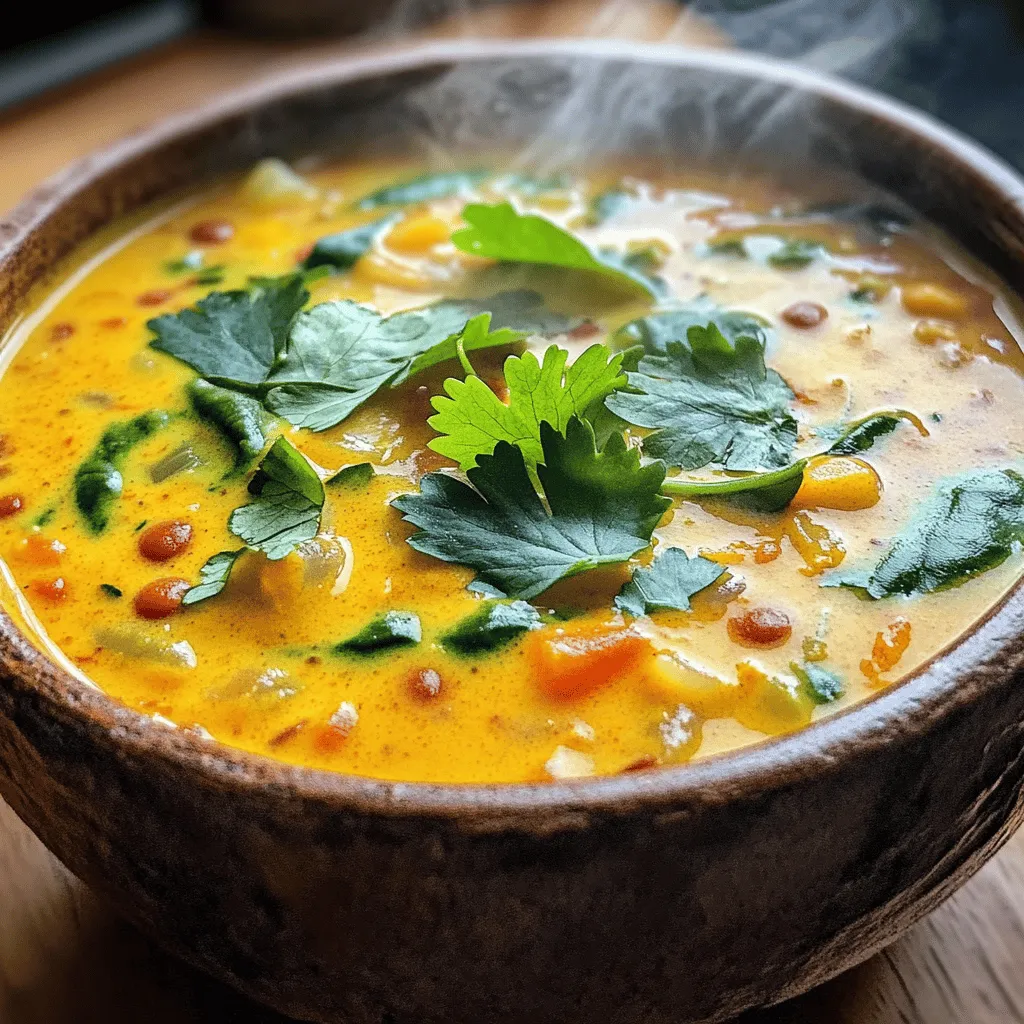 In this creamy coconut curry lentil soup recipe, you need a few key ingredients. First, red lentils are a must. They cook quickly and give the soup a nice texture. You will also need a can of coconut milk. This rich milk adds a creamy feel and a hint of sweetness.