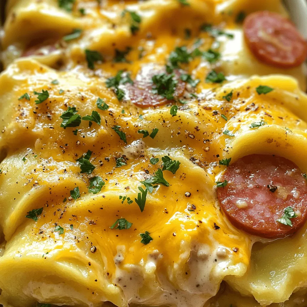 - 2 cups frozen pierogi - 1 pound kielbasa, sliced into ½-inch pieces - 1 medium onion, diced - 3 cloves garlic, minced - 1 can (10.5 oz) cream of mushroom soup - 1 cup sour cream - 1 cup shredded cheddar cheese - 1 teaspoon dried dill - Salt and pepper to taste - Fresh parsley, for garnish