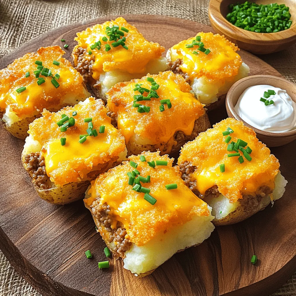 - 4 large russet potatoes - 1 cup shredded cheddar cheese - 1 cup ground beef