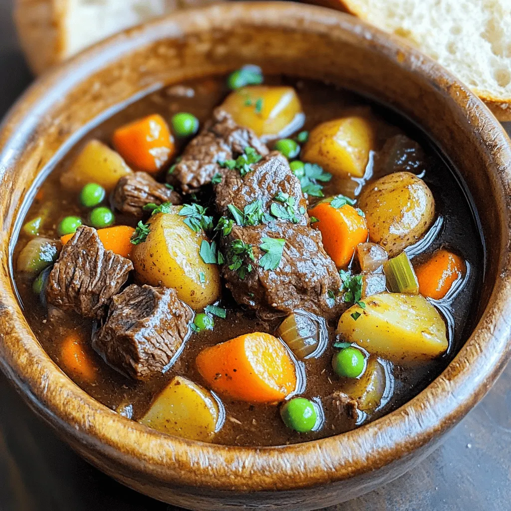 - 2 pounds beef chuck - 1 tablespoon vegetable oil - 2 medium onions - 3 cloves garlic - 4 carrots - 3 celery stalks - 2 cups beef broth - 2 cups diced potatoes - 1 tablespoon tomato paste - 1 teaspoon dried thyme - 1 teaspoon dried rosemary - 1 bay leaf - Salt and pepper to taste - 1 cup frozen peas (optional) - 2 tablespoons chopped fresh parsley (for garnish)