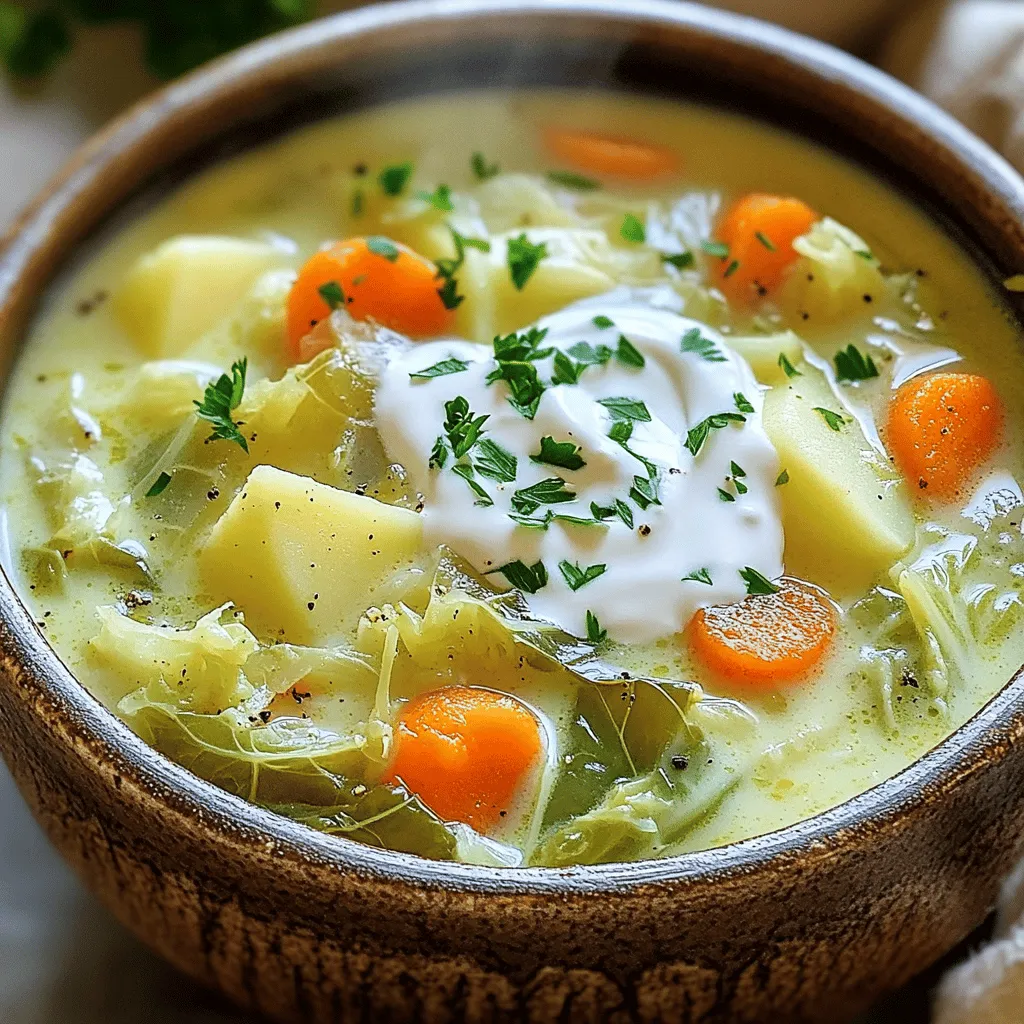 To make this rich and velvety soup, gather these main ingredients: - 1 medium green cabbage, chopped - 1 large onion, diced - 3 cloves garlic, minced - 2 large carrots, diced - 3 medium potatoes, peeled and cubed - 4 cups vegetable broth - 1 cup heavy cream or coconut cream for a vegan option - 2 tablespoons olive oil - 1 teaspoon dried thyme - 1 teaspoon smoked paprika - Salt and pepper to taste - Fresh parsley, chopped for garnish