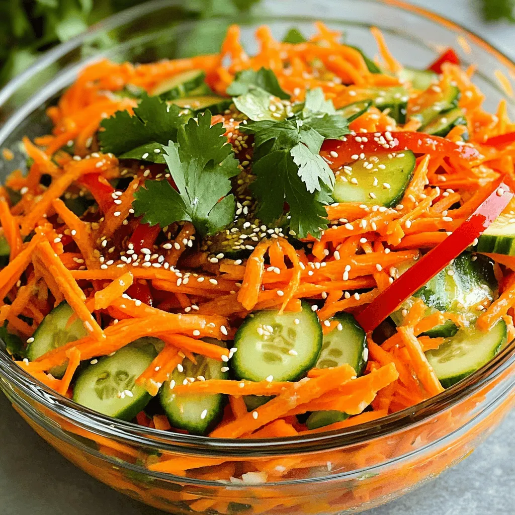 - 4 medium carrots, peeled and shredded - 1 small cucumber, thinly sliced - 1 red bell pepper, julienned - 1 tablespoon fresh ginger, grated - 2 tablespoons apple cider vinegar - 2 tablespoons olive oil - Salt and pepper to taste