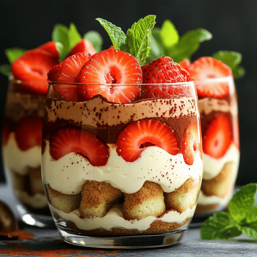 - 2 cups fresh strawberries - 1 cup heavy cream - 1 cup mascarpone cheese - 1/3 cup granulated sugar - 1 teaspoon vanilla extract - 1 cup brewed espresso, cooled (or strong coffee) - 1 tablespoon lemon juice - 8-10 ladyfinger biscuits - Cocoa powder, for dusting - Fresh mint leaves, for garnishing