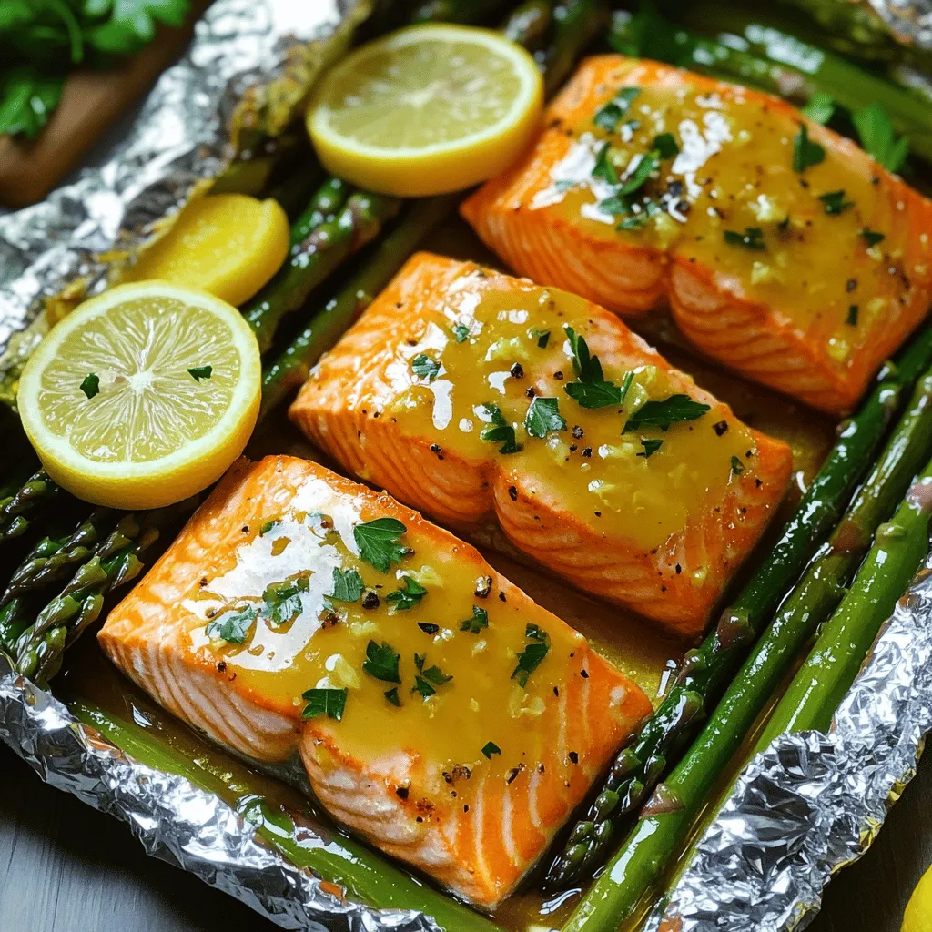 Baked Salmon in Foil with Asparagus and Lemon Garlic Sauce
