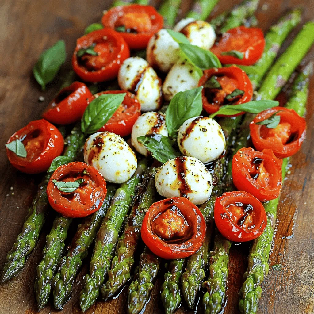 - 1 pound fresh asparagus, trimmed - 1 cup cherry tomatoes, halved - 1 cup fresh mozzarella balls, drained