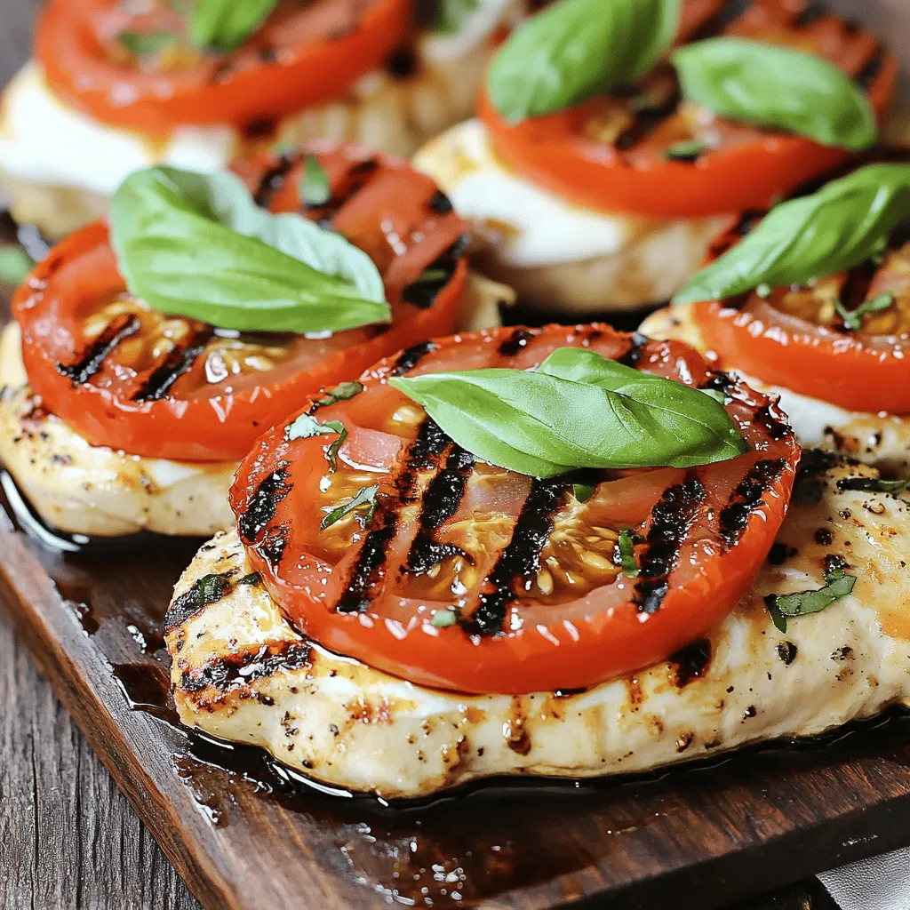 - 2 boneless, skinless chicken breasts - 2 tablespoons balsamic glaze - 2 tablespoons olive oil - Salt and pepper to taste - 1 cup fresh mozzarella, sliced - 1 large tomato, sliced - 1 cup fresh basil leaves - 1 teaspoon dried oregano - 1 clove garlic, minced