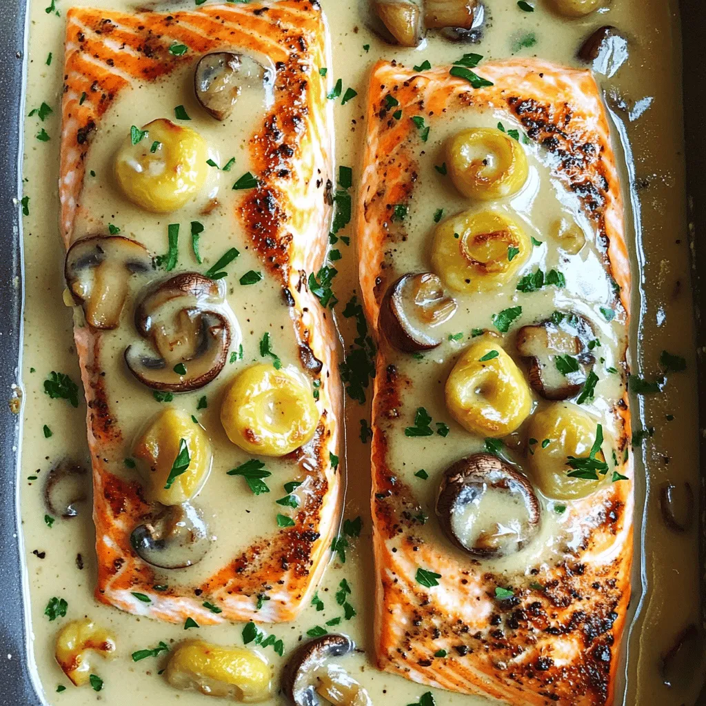To make creamy garlic mushroom salmon, you need a few key items. Start with two salmon fillets. Fresh salmon makes the dish taste great. You will also need one cup of sliced button mushrooms. These mushrooms add a nice texture and flavor.
