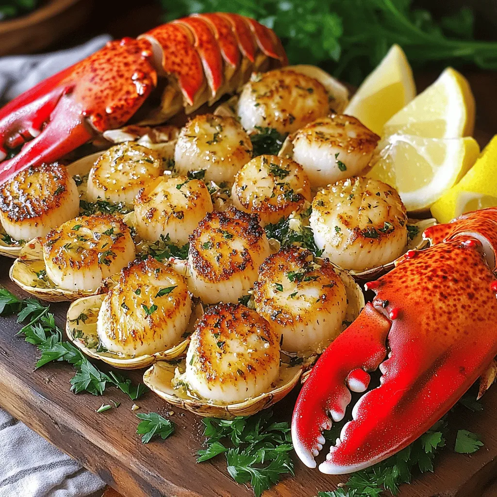 The main ingredients for this garlic butter lobster tail and scallops feast include lobster tails, scallops, and garlic butter. You need two lobster tails and eight ounces of fresh scallops. For the garlic butter, gather six tablespoons of unsalted butter and four cloves of minced garlic. You will also use a tablespoon of fresh parsley, lemon juice, salt, pepper, and paprika. Don