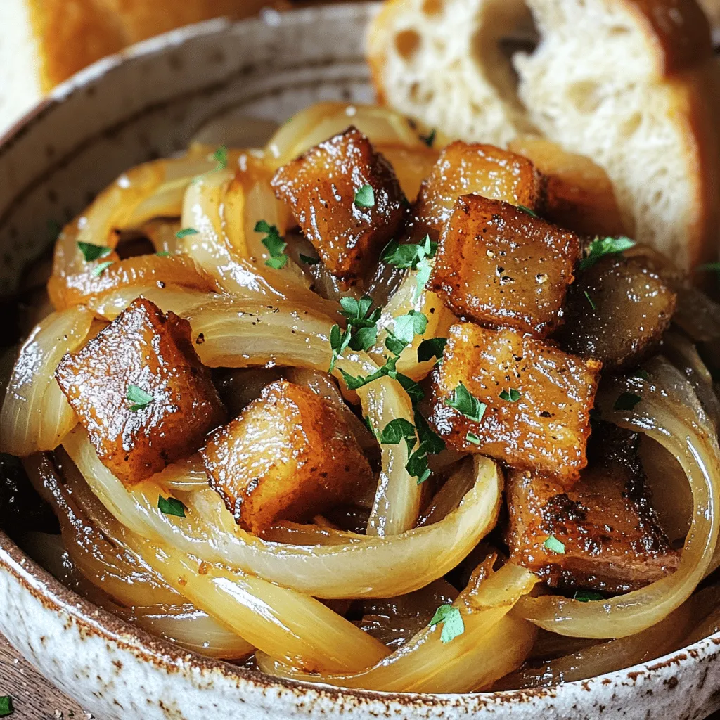 To make savory beer-infused onions, you need simple ingredients. The main players are yellow onions and light beer. For added flavor, use diced salted pork belly, olive oil, garlic, brown sugar, balsamic vinegar, thyme, and black pepper.