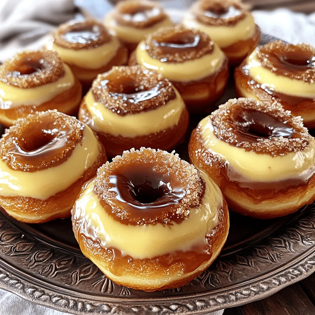 To make Crème Brûlée Donuts, gather these ingredients: - 2 cups all-purpose flour - 1/2 cup granulated sugar - 2 teaspoons baking powder - 1/4 teaspoon baking soda - 1/2 teaspoon salt - 1/2 teaspoon ground cinnamon - 1/4 cup unsalted butter, melted - 3/4 cup whole milk - 1 large egg - 1 teaspoon vanilla extract - 1 cup heavy cream - 1 tablespoon vanilla bean paste (or 1 vanilla bean, seeds scraped) - 3 egg yolks - 1/4 cup brown sugar - 1/2 teaspoon cornstarch - Additional granulated sugar for bruleeing