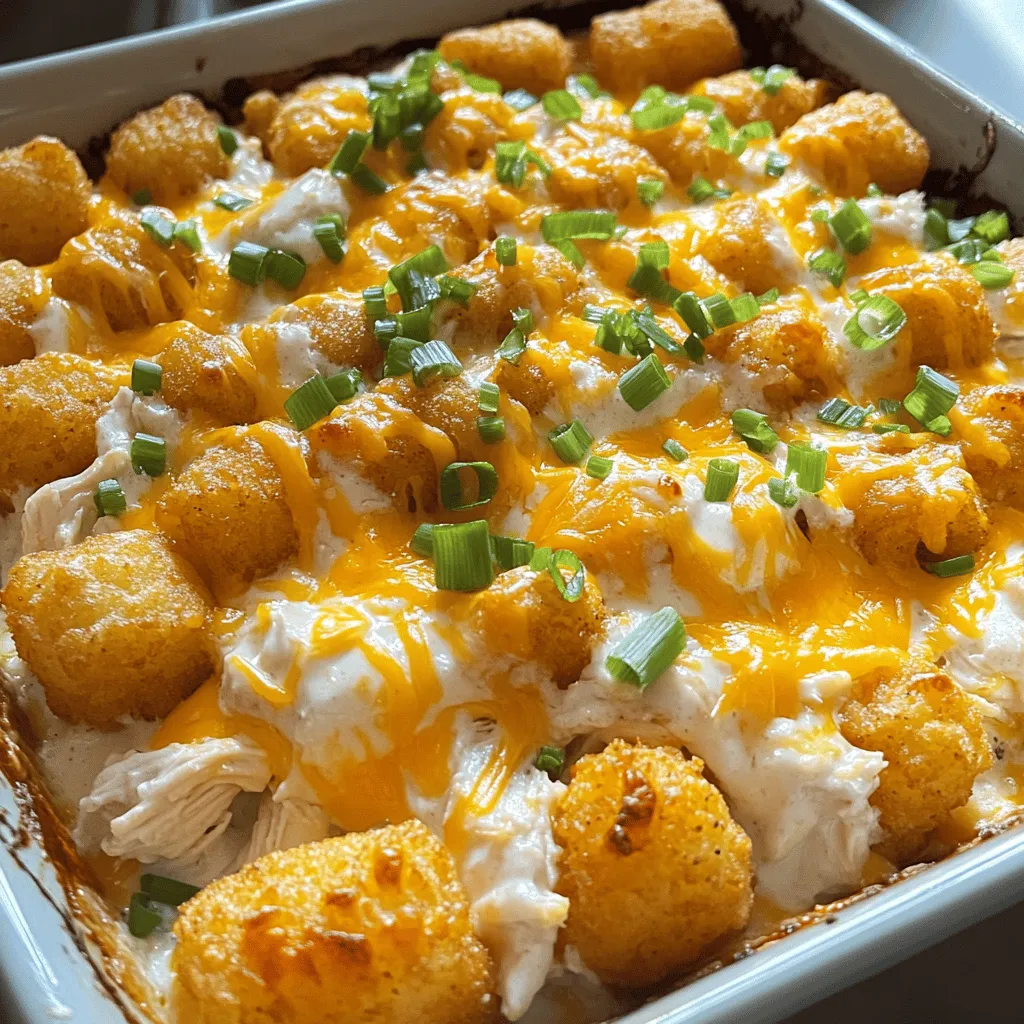 To make Cracked Out Chicken Tater Tot Casserole, you need a few key ingredients. First, cooked chicken is essential. I often use shredded rotisserie chicken for ease. Next, you need a can of cream of chicken soup. This adds creaminess and binds everything together.