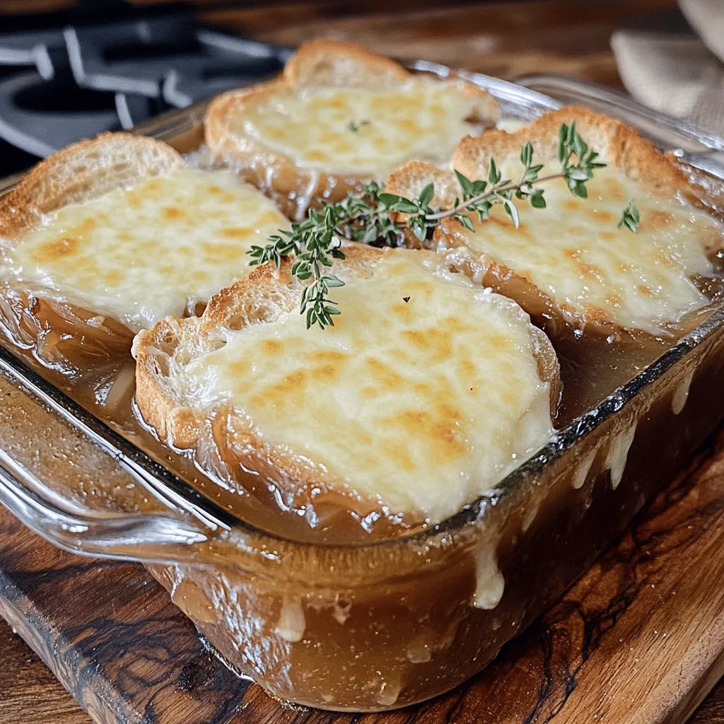 - 4 large yellow onions, thinly sliced - 4 cups beef broth (or vegetable broth for a vegetarian option) - 2 tablespoons unsalted butter - 2 tablespoons olive oil - 2 teaspoons sugar - 2 teaspoons salt - 1 teaspoon black pepper - 1 teaspoon dried thyme - 2 tablespoons all-purpose flour - 1 cup shredded Gruyère cheese - 1 cup shredded mozzarella cheese - 6 crusty baguette slices