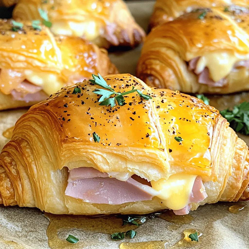 To make your baked ham and cheese croissants, gather the following: - Croissants - 8 slices of ham (honey or smoked) - 8 slices of Swiss cheese