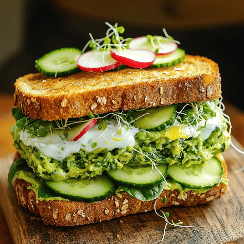 To make a Green Goddess Sandwich, you need the following fresh ingredients: - 2 slices of whole grain bread - 1 ripe avocado, smashed - 1 cup fresh spinach leaves - 1/4 cup fresh basil leaves - 1/4 cup Greek yogurt (or a dairy-free alternative) - 1 tablespoon lemon juice - 1 clove garlic, minced - Salt and pepper to taste - 1/2 cucumber, thinly sliced - 1/4 cup alfalfa sprouts (optional) - 1/4 cup sliced radishes (for added crunch)