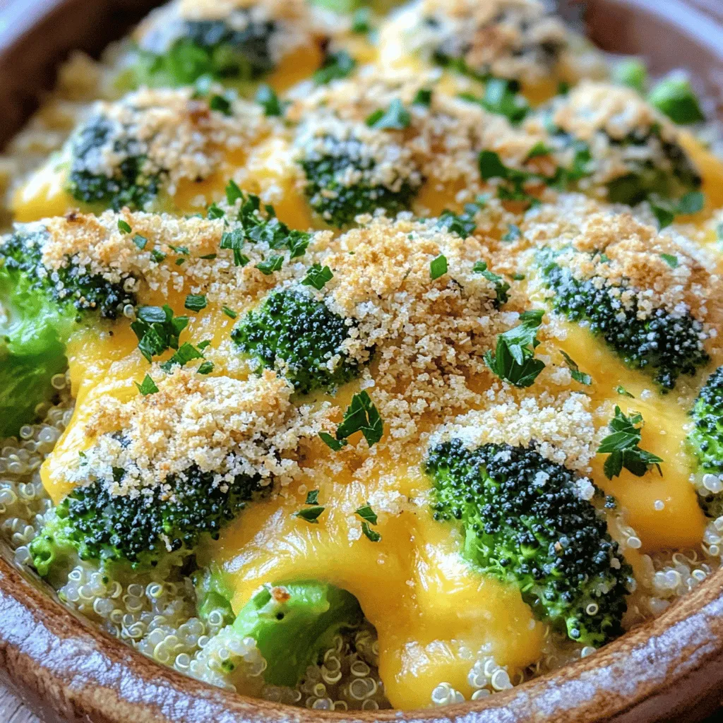- 4 cups fresh broccoli florets - 1 cup cooked quinoa - 1 cup shredded cheddar cheese - 1 cup cream of mushroom soup (low-sodium) - 1/2 cup milk (dairy or non-dairy)