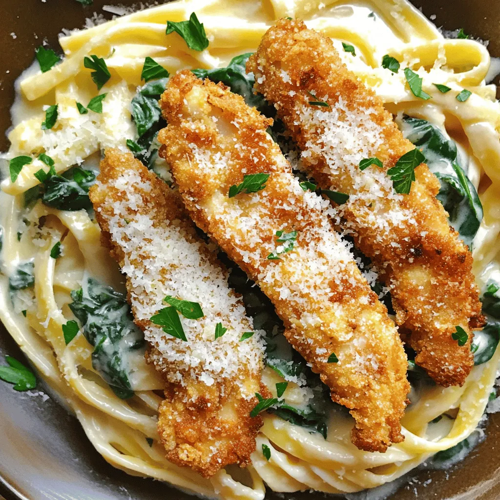 To make a crispy chicken recipe with creamy pasta, you need just a few key ingredients. For the chicken, use two boneless chicken breasts, panko breadcrumbs, and flour. You will need an egg for coating and spices like garlic powder, paprika, salt, and pepper. For the creamy pasta sauce, grab heavy cream, grated Parmesan cheese, and baby spinach. Finally, you need pasta, like fettuccine or penne, and olive oil for extra crispiness.