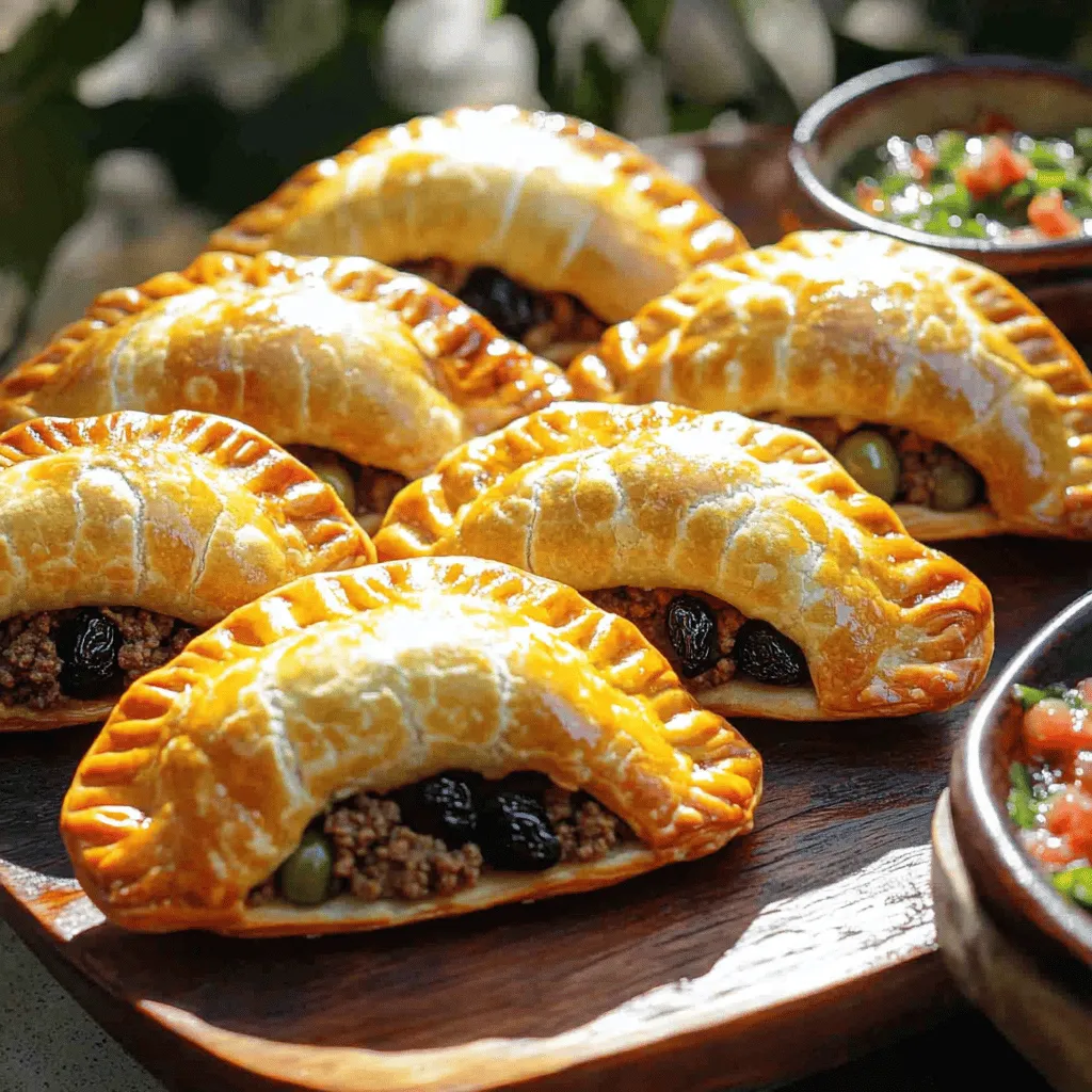 To make beef and raisin empanadas, start with key filling ingredients. You need one pound of ground beef. This gives the empanadas a hearty base. A small onion, finely chopped, adds sweetness. Two cloves of minced garlic bring depth of flavor. Use half a teaspoon of cumin and smoked paprika for warmth. Raisins are a surprise ingredient, adding sweetness. You will also need half a cup of chopped green olives for a salty touch. A tablespoon of tomato paste helps bind the filling. Don