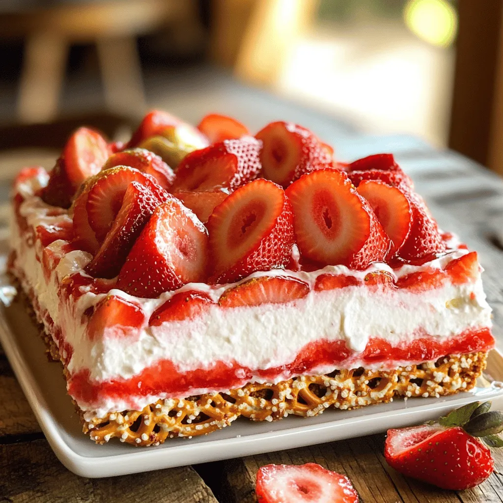 To make the delightful Strawberry Pretzel Salad, gather these simple ingredients: - 2 cups pretzel twists - 3 tablespoons granulated sugar - ½ cup unsalted butter, melted - 8 oz cream cheese, softened - 1 cup powdered sugar - 1 cup whipped topping (like Cool Whip) - 2 cups fresh strawberries, hulled and sliced - 1 package (6 oz) strawberry gelatin - 2 cups boiling water - 1 cup cold water