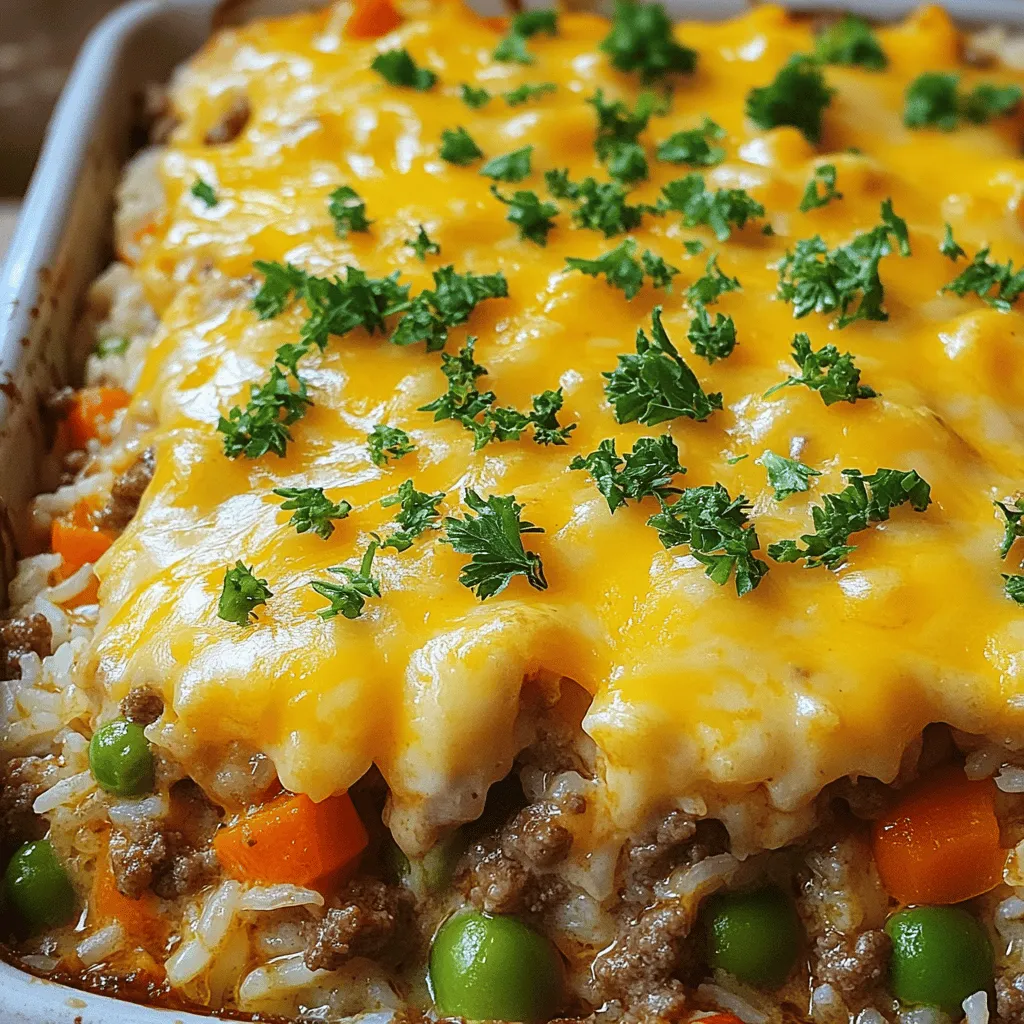 The key ingredients for this dish make it simple and tasty. Here’s what you need: - 1 lb ground beef - 1 cup uncooked white rice - 2 cups beef broth - 1 can (15 oz) diced tomatoes (with juice) - 1 cup frozen peas and carrots - 1 onion, diced - 2 cloves garlic, minced - 1 teaspoon Italian seasoning - 1 cup shredded cheddar cheese - Salt and pepper to taste - Optional: chopped fresh parsley for garnish