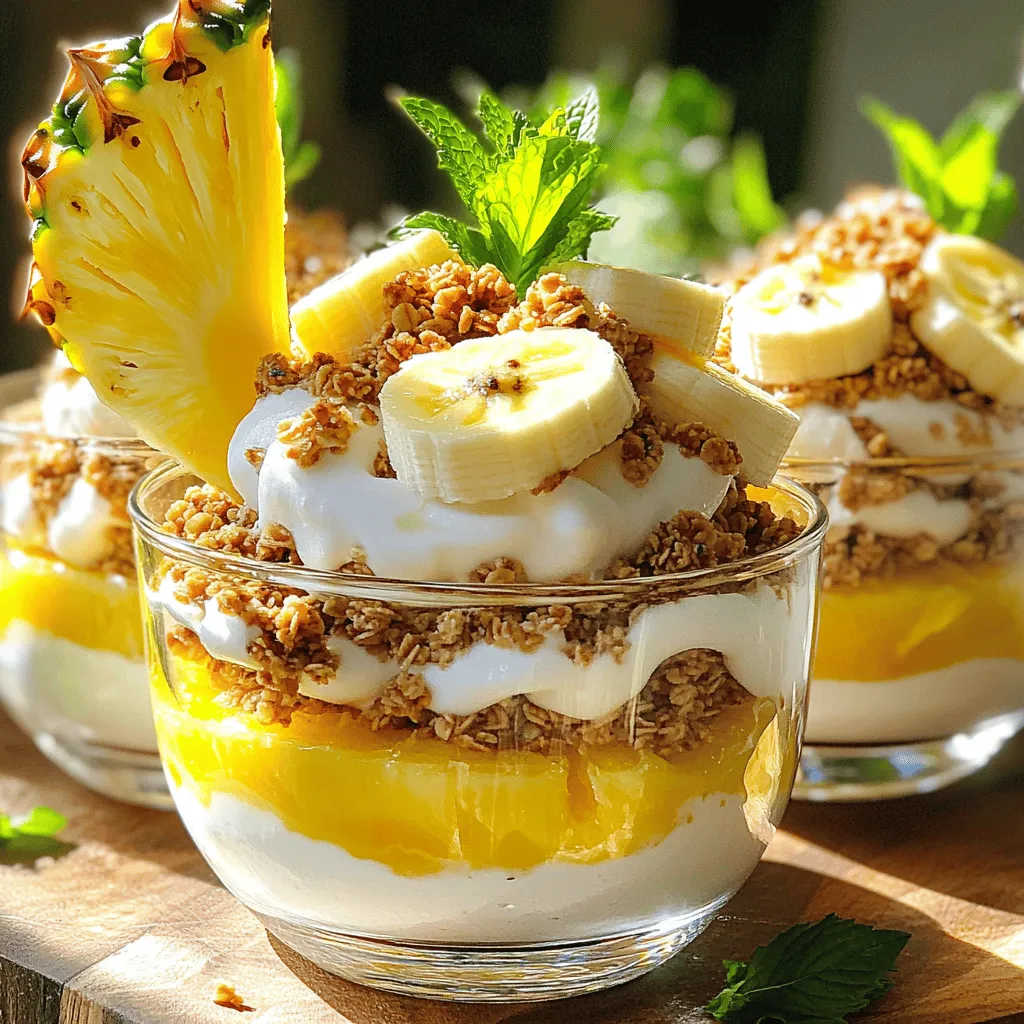 To make the Tropical Paradise Pineapple Sundae, gather these fresh ingredients: - 1 ripe pineapple, peeled and diced - 1 cup coconut milk - ¼ cup honey or maple syrup - 1 teaspoon vanilla extract - 1 cup crushed ice - 1 ripe banana, sliced - ½ cup granola - Fresh mint leaves for garnish