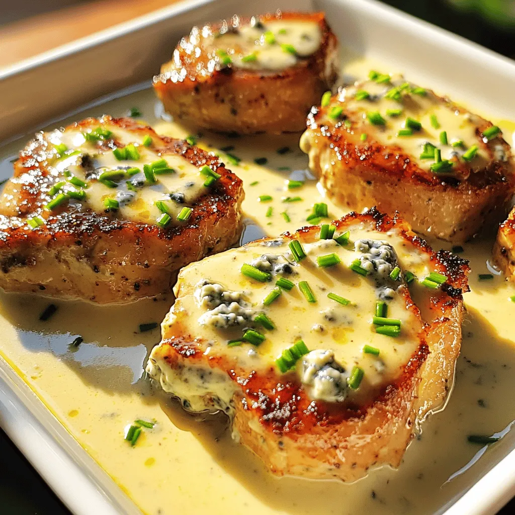 - Pork tenderloin - Olive oil - Salt and pepper - Heavy cream - Crumbled blue cheese - Dijon mustard - Garlic powder - Fresh chives