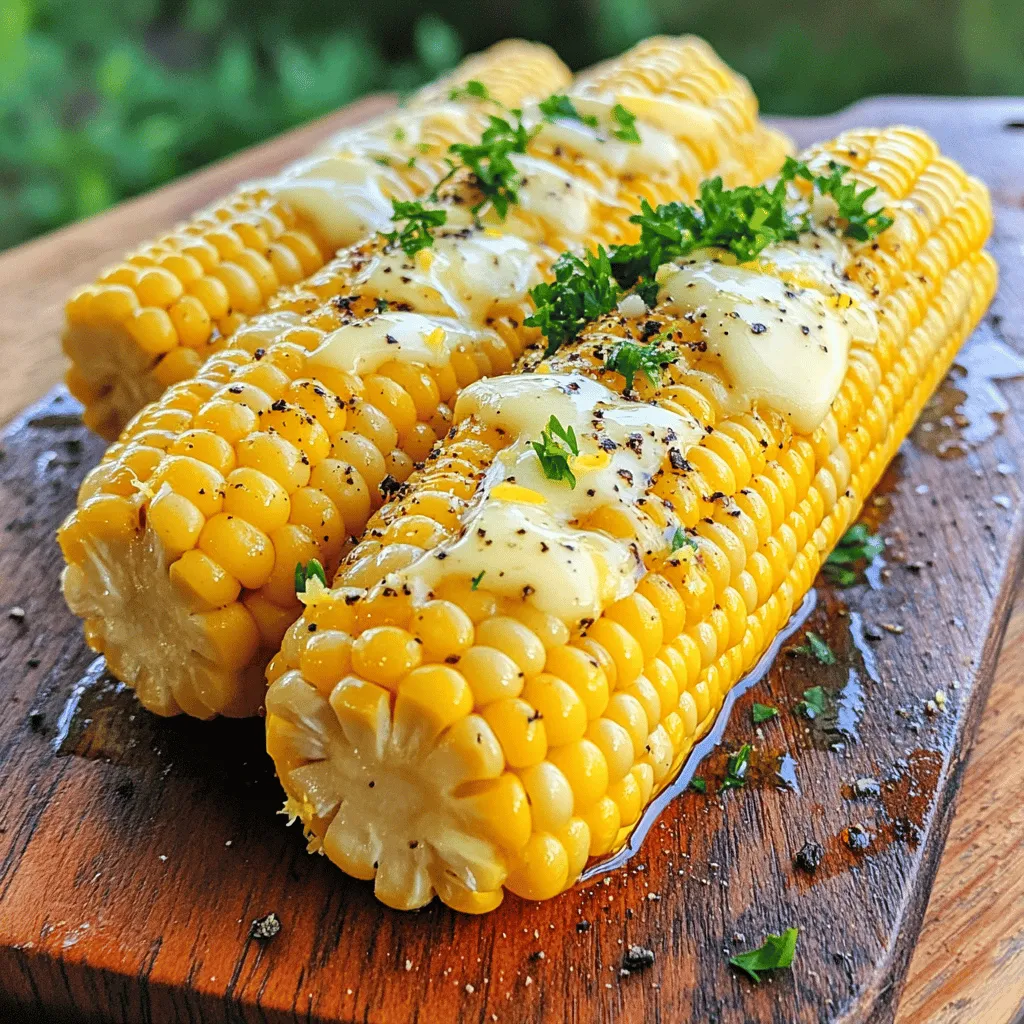 - 4 ears of fresh corn, husked - 4 tablespoons unsalted butter, melted - 2 tablespoons fresh lemon juice