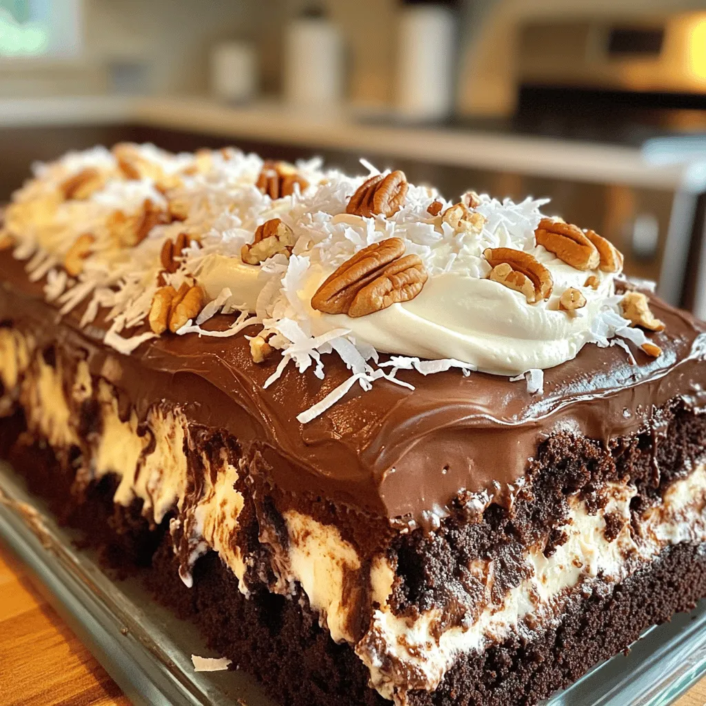 To make a German chocolate poke cake, you need to follow a few simple steps. First, gather all your ingredients. You will need a box of German chocolate cake mix, water, vegetable oil, eggs, sweetened condensed milk, shredded coconut, chopped pecans, chocolate frosting, and whipped cream.