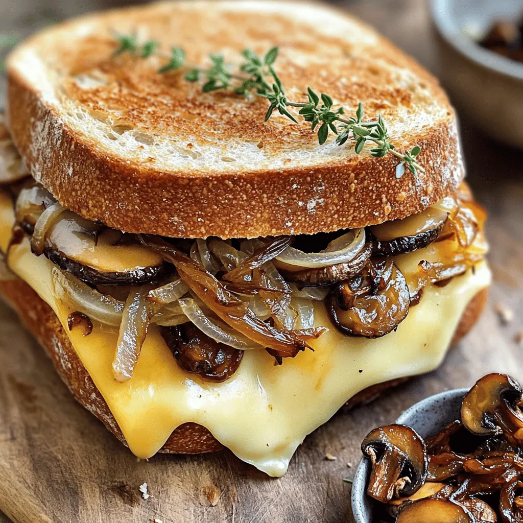 To make my grilled cheese with Gouda, roasted mushrooms, and onions, gather these items: - 4 slices of sourdough bread - 4 ounces Gouda cheese, sliced - 1 cup mushrooms, sliced (shiitake or cremini work well) - 1 medium onion, thinly sliced - 2 tablespoons olive oil - 1 tablespoon balsamic vinegar - 1 teaspoon dried thyme - Salt and pepper to taste - 2 tablespoons butter (for grilling)