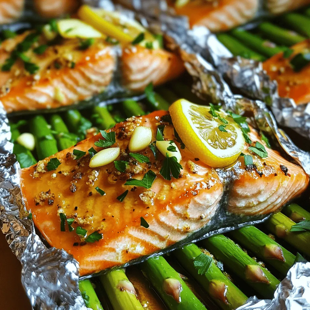 To make baked salmon in foil with asparagus, you need simple, fresh ingredients. You will need two salmon fillets, each about six ounces. A bunch of asparagus is also key, trimmed to fit. Olive oil adds flavor, while garlic gives a nice kick. You will use one lemon, sliced thinly for zest and brightness. Salt and pepper are essential for seasoning, along with dried thyme and paprika for extra flavor. Lastly, fresh parsley adds a pop of color when you serve the dish.