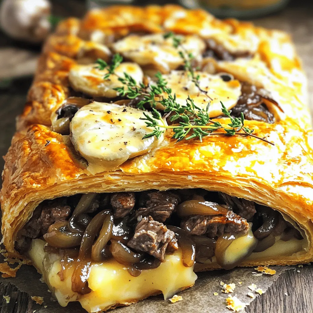 - 1 lb beef steak (sirloin or tenderloin) - 2 cups cremini mushrooms - 1 large onion - 1 cup Gruyère cheese