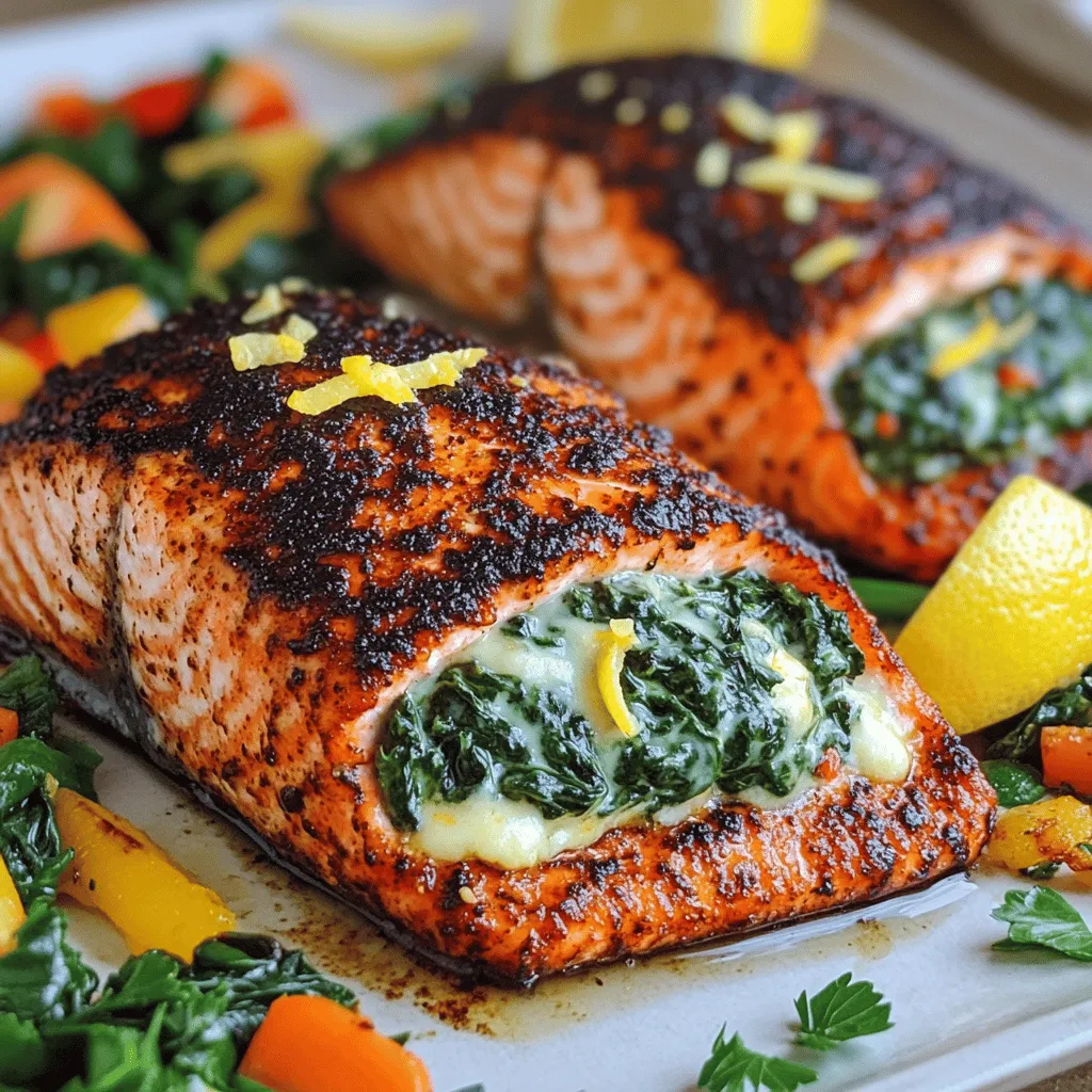 To make blackened salmon stuffed with spinach and parmesan, you need key ingredients. First, you need four salmon fillets, each about six ounces. The salmon serves as the perfect canvas for this dish. Next, gather two cups of fresh spinach, chopped finely. Spinach adds a fresh taste and bright color to your meal. You will also need half a cup of grated parmesan cheese, which melts beautifully and gives a rich flavor.