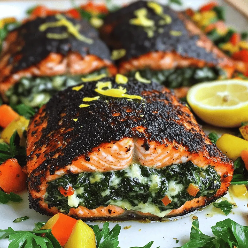 Blackened Salmon Stuffed with Spinach and Parmesan Delight