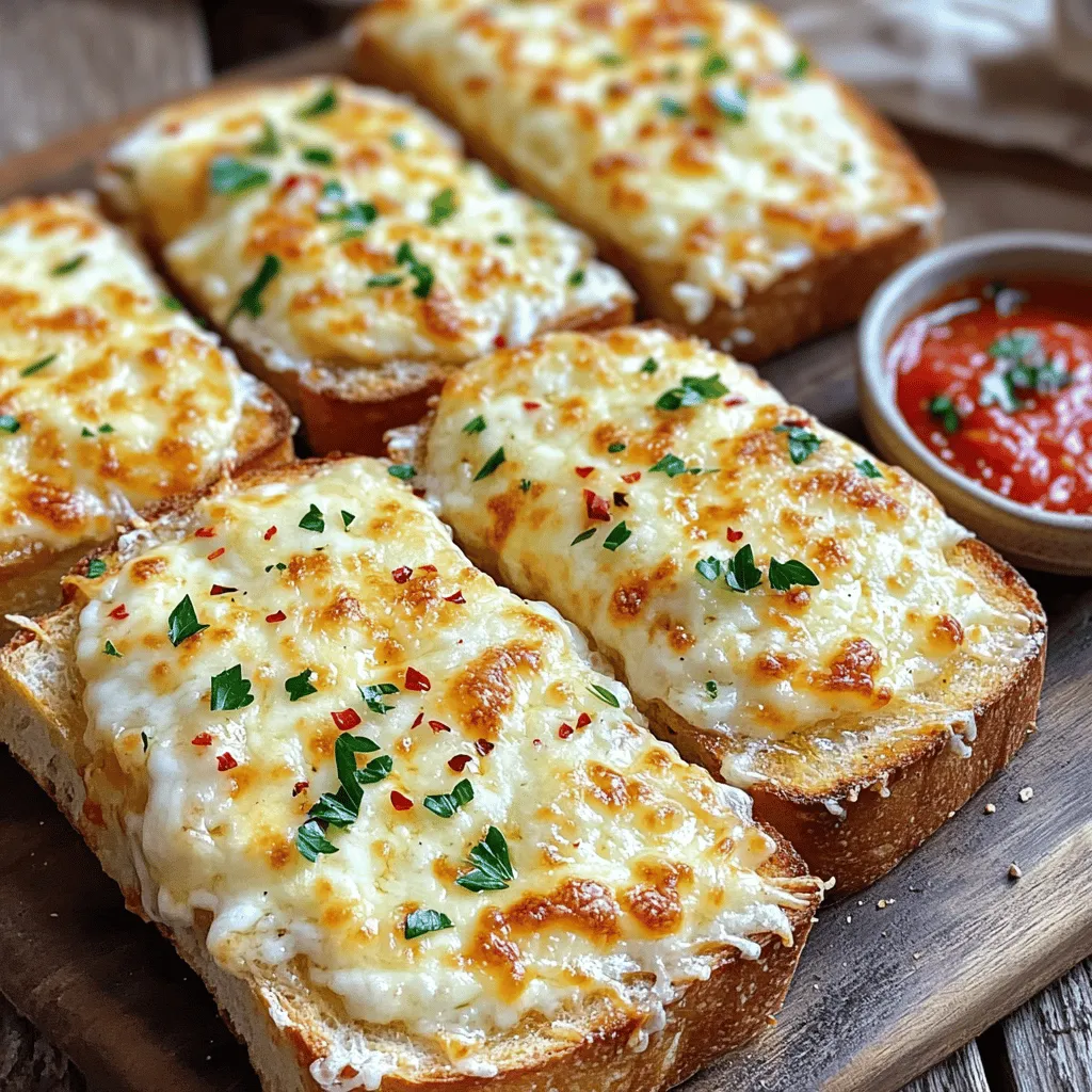 Cheesy garlic bread melts are a tasty snack or side dish. They feature thick slices of bread topped with a rich garlic butter. This blend is then covered with gooey, melty cheese. The result is a warm, crunchy delight that everyone loves.