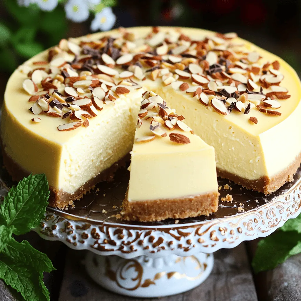 - 1 ½ cups graham cracker crumbs - ½ cup unsalted butter, melted - 2 tablespoons sugar - 3 (8 oz) packages cream cheese, softened - 1 cup sugar - 1 teaspoon vanilla extract - 2 tablespoons amaretto-flavored extract (non-alcoholic) - 3 large eggs - 1 cup sour cream - 1 tablespoon all-purpose flour - ½ cup toasted sliced almonds, for topping - Chocolate shavings, for garnish (optional)