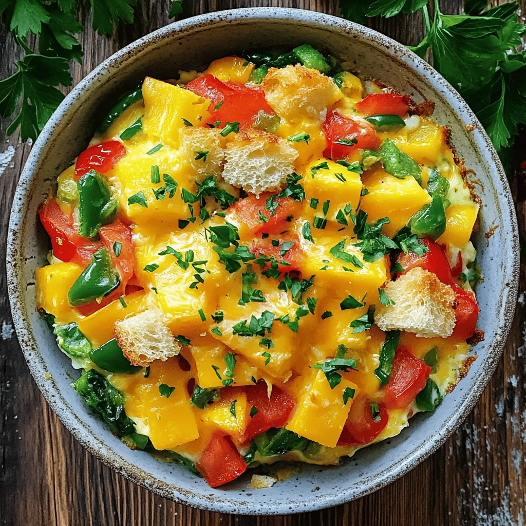 Here is what you need for a tasty breakfast casserole: - 8 large eggs - 1 cup milk - 1 teaspoon salt - 1/2 teaspoon black pepper - 1 teaspoon garlic powder - 1 teaspoon smoked paprika - 2 cups diced bell peppers (red, yellow, and green) - 1 cup chopped spinach (fresh or frozen) - 1 cup diced tomatoes (drained if canned) - 1 cup shredded cheddar cheese - 1 cup diced cooked breakfast sausage or veggie sausage (optional) - 4 cups cubed bread (French or sourdough)